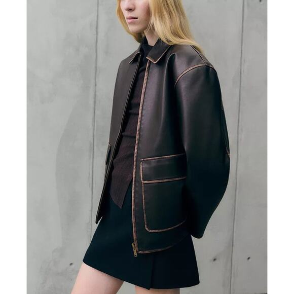 MANGO Leathereffect Jacket With Contrast Stitching - S Brown - Picture 1 of 7